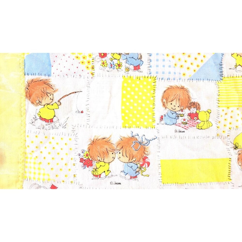 Vintage Patchwork Print Baby Quilt Child Yellow Little Lil Shavers 1970 Satin